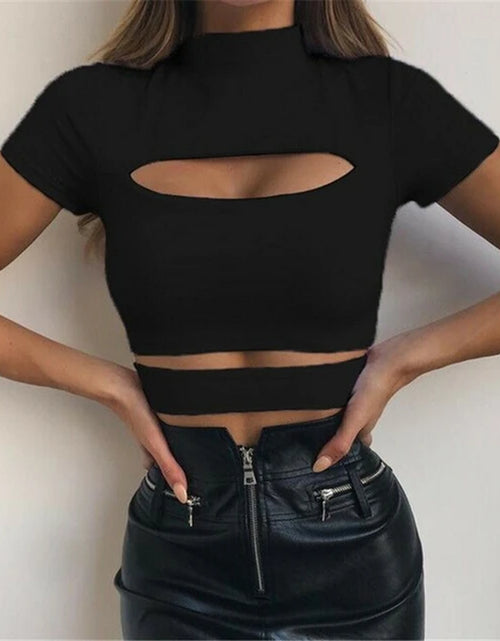 Load image into Gallery viewer, Fashion Female Casual Sexy Chest Hollow Out Crop Top Solid Sexy Women Slim Tops Tee Shirt
