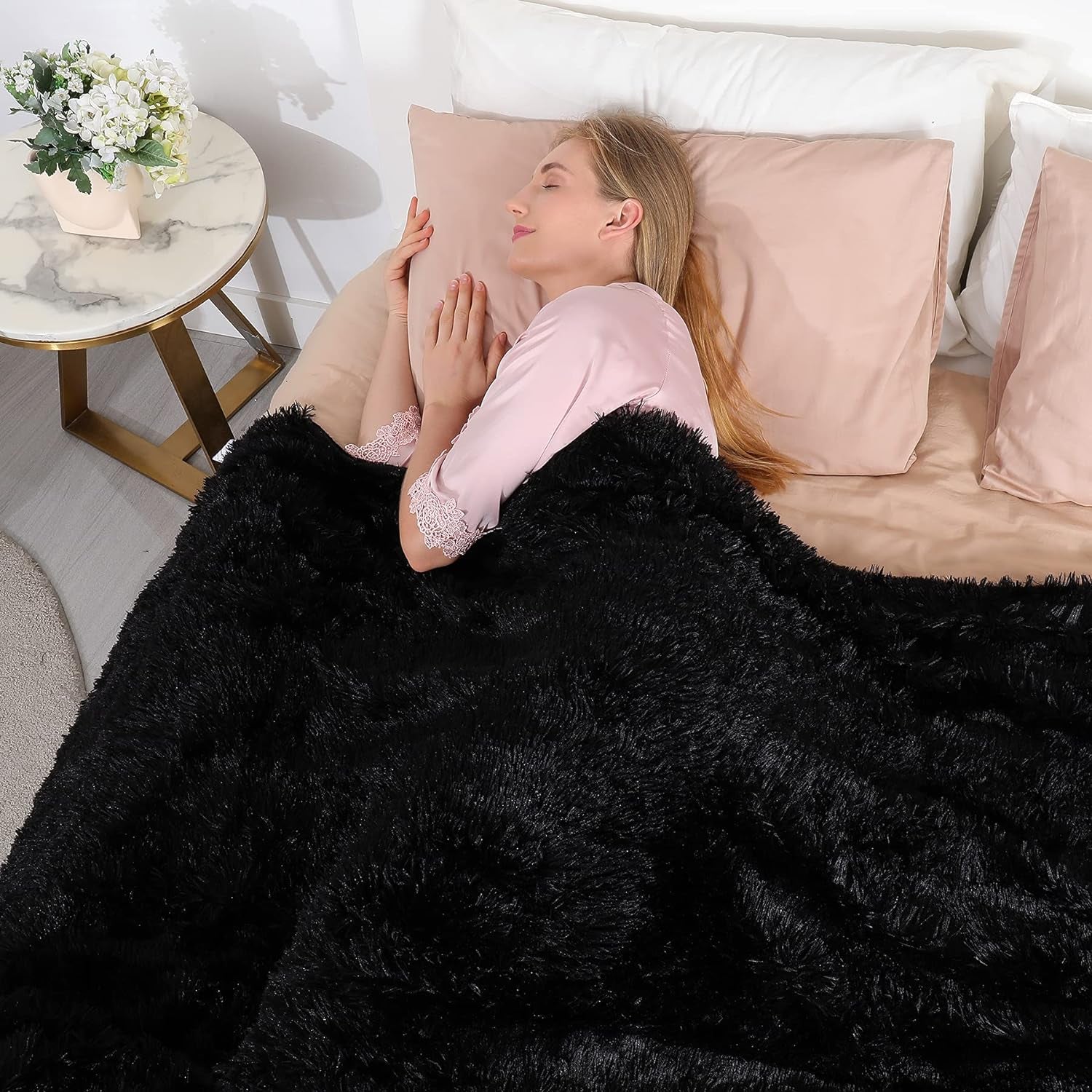 Decorative Extra Soft Faux Fur Throw Blanket 50" X 60",Reversible Fuzzy Lightweight Long Hair Shaggy Throw Blankets, Fluffy Cozy Plush Fleece Comfy Microfiber Fur Blanket for Couch Sofa Bed, Black