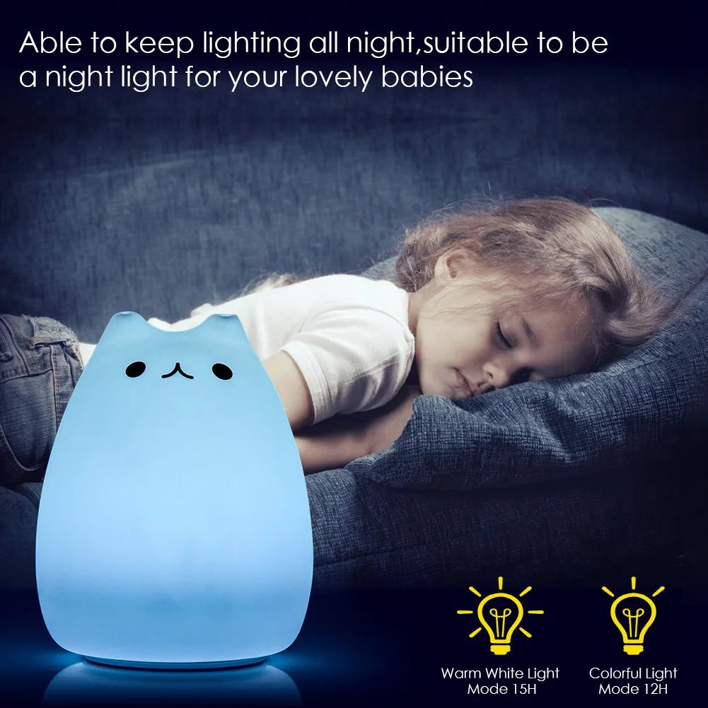 Children Night Light, Cute Cat Lamp Soft Silicone Sensitive Tap Control Decompression Toy