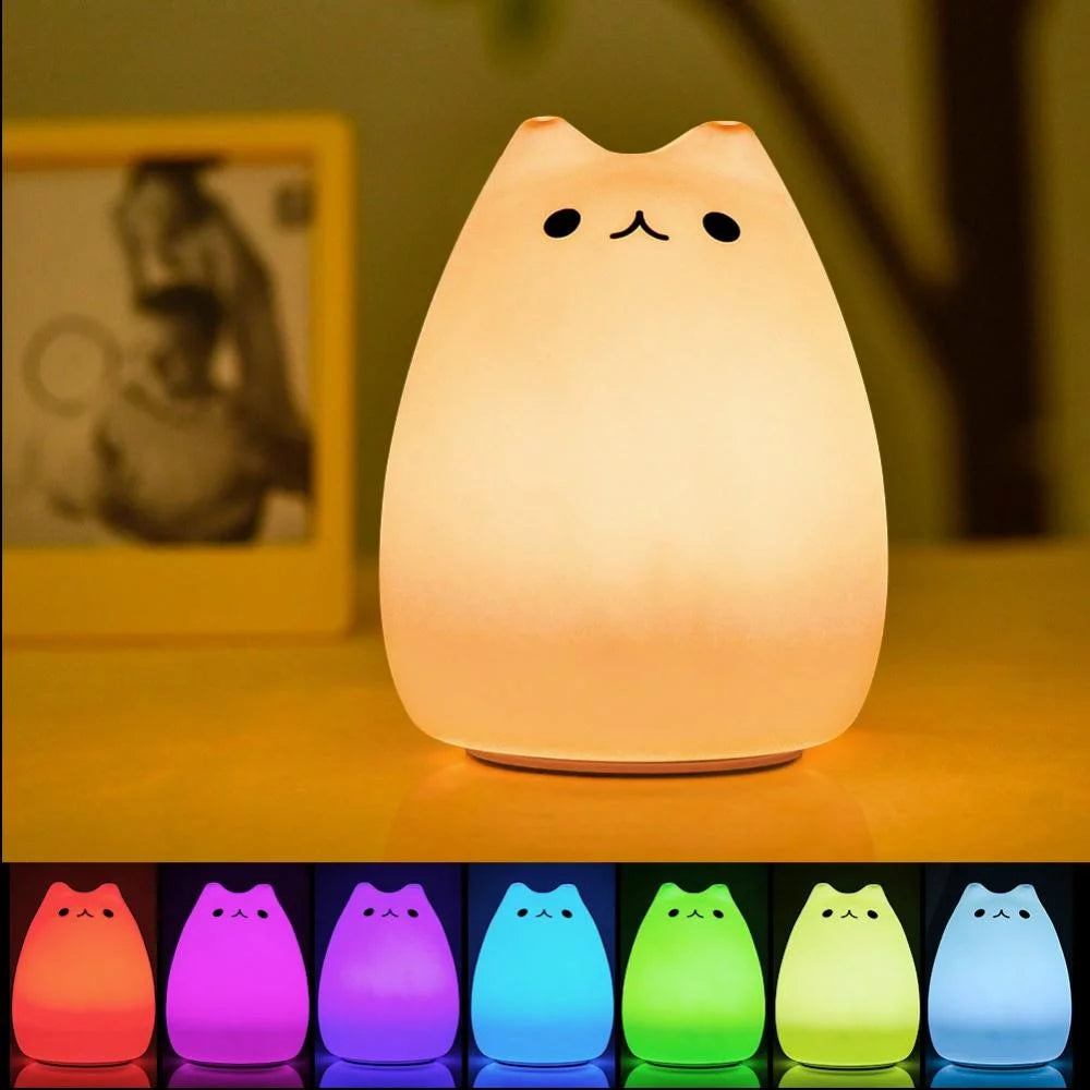 Children Night Light, Cute Cat Lamp Soft Silicone Sensitive Tap Control Decompression Toy