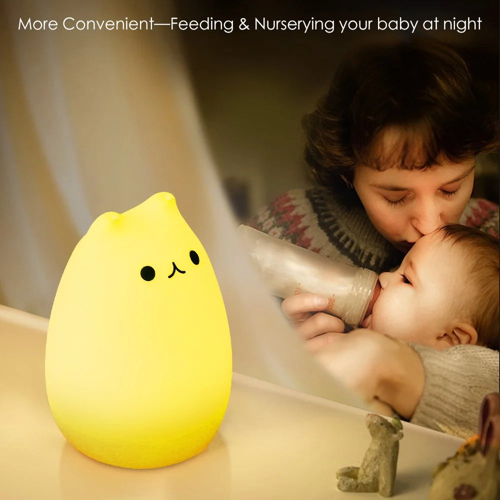 Children Night Light, Cute Cat Lamp Soft Silicone Sensitive Tap Control Decompression Toy