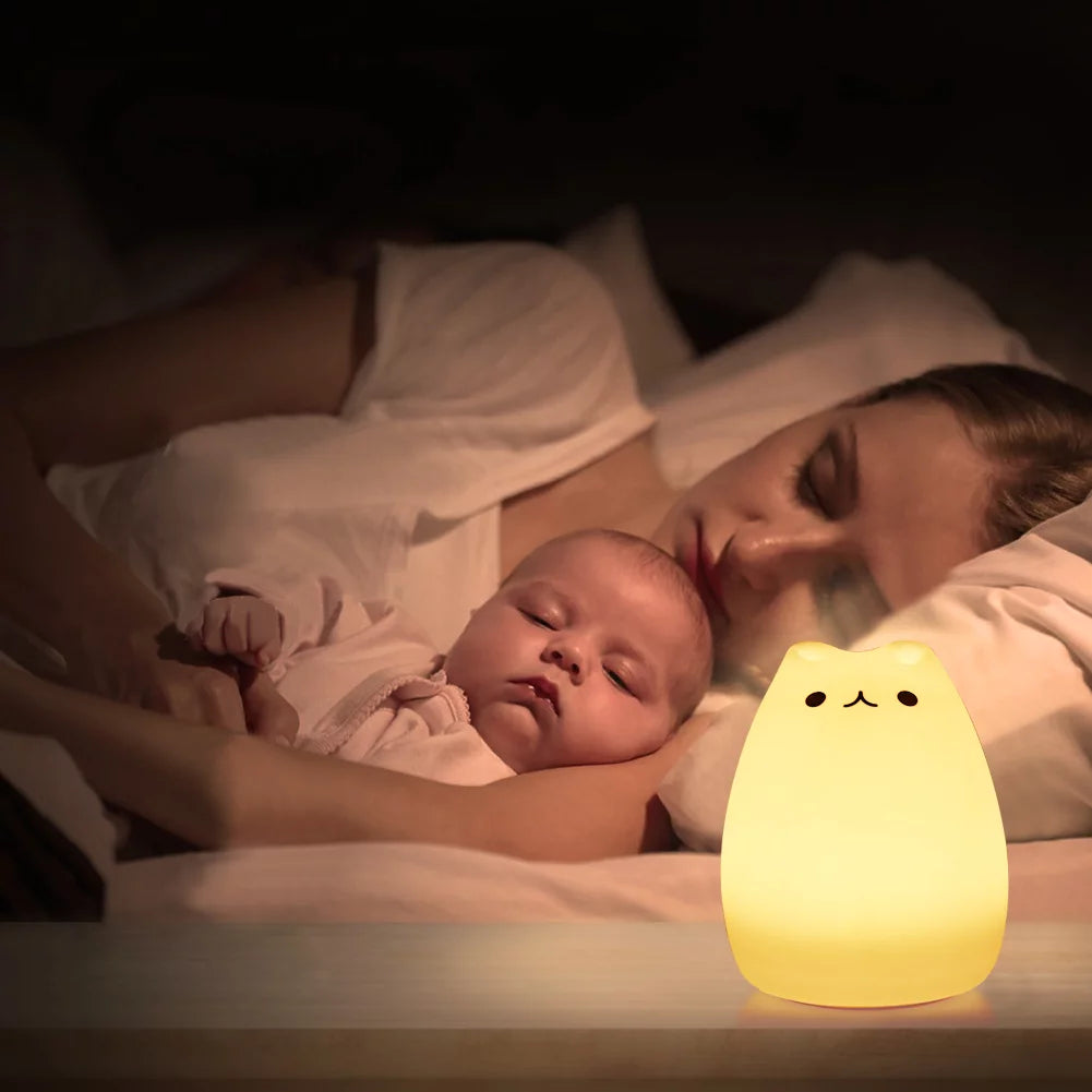 Children Night Light, Cute Cat Lamp Soft Silicone Sensitive Tap Control Decompression Toy