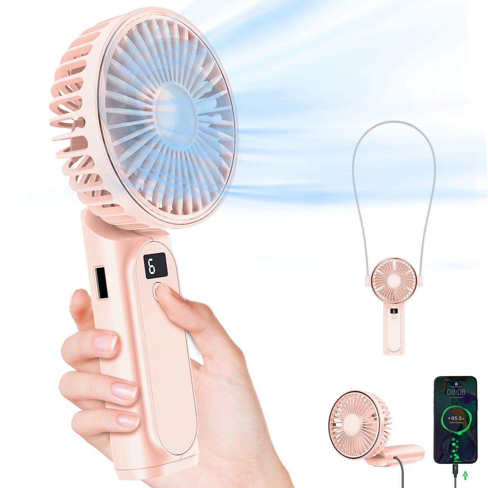 Portable Handheld Mini Fan, Neck Fan, 4000Mah Desk Fan, 180° Adjustable, 6 Speed Wind, Display Electricity in Real Time, USB Rechargeable Foldable Fan, Quiet Personal Fan with Power Bank Pink