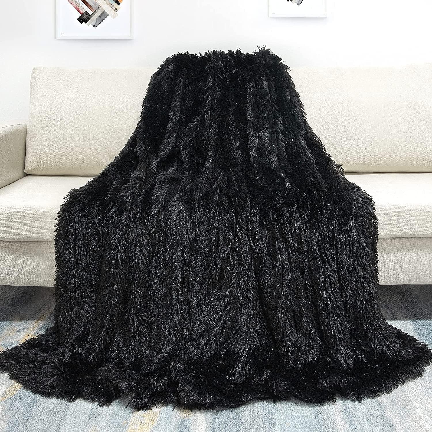 Decorative Extra Soft Faux Fur Throw Blanket 50" X 60",Reversible Fuzzy Lightweight Long Hair Shaggy Throw Blankets, Fluffy Cozy Plush Fleece Comfy Microfiber Fur Blanket for Couch Sofa Bed, Black