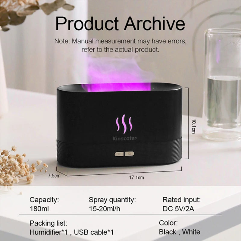 RGB Flame Aroma Diffuser Humidifier USB Desktop Simulation Light Aromatherapy Purifier Air for Bedroom with 7 Colors