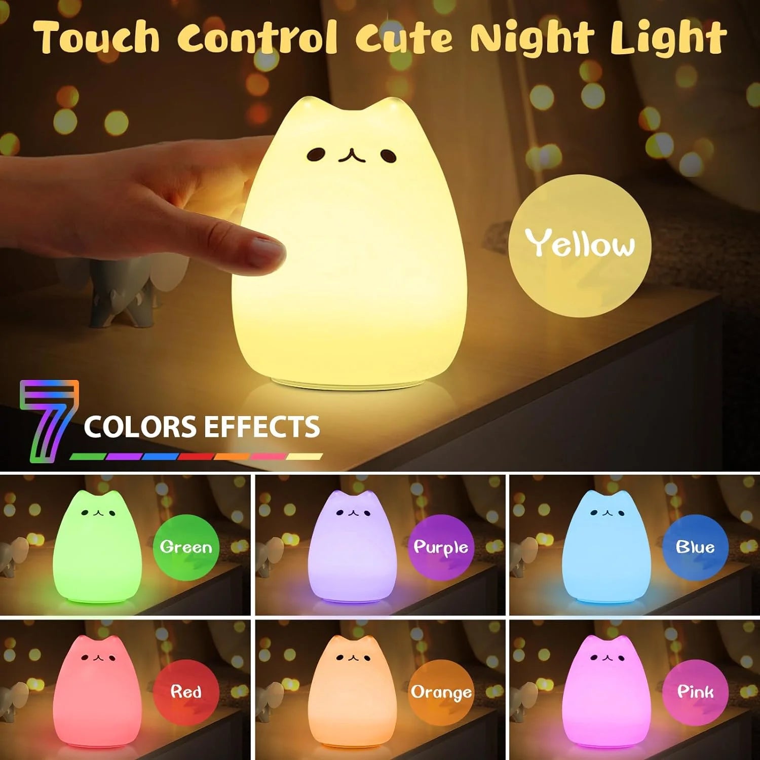 Children Night Light, Cute Cat Lamp Soft Silicone Sensitive Tap Control Decompression Toy