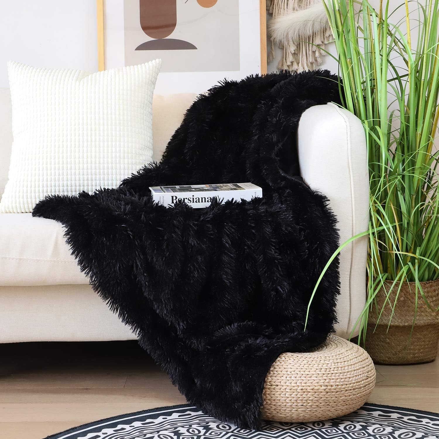 Decorative Extra Soft Faux Fur Throw Blanket 50" X 60",Reversible Fuzzy Lightweight Long Hair Shaggy Throw Blankets, Fluffy Cozy Plush Fleece Comfy Microfiber Fur Blanket for Couch Sofa Bed, Black