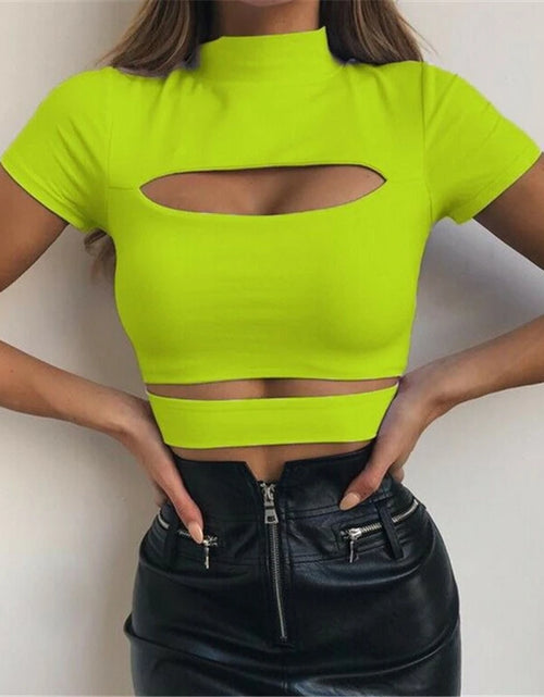 Load image into Gallery viewer, Fashion Female Casual Sexy Chest Hollow Out Crop Top Solid Sexy Women Slim Tops Tee Shirt
