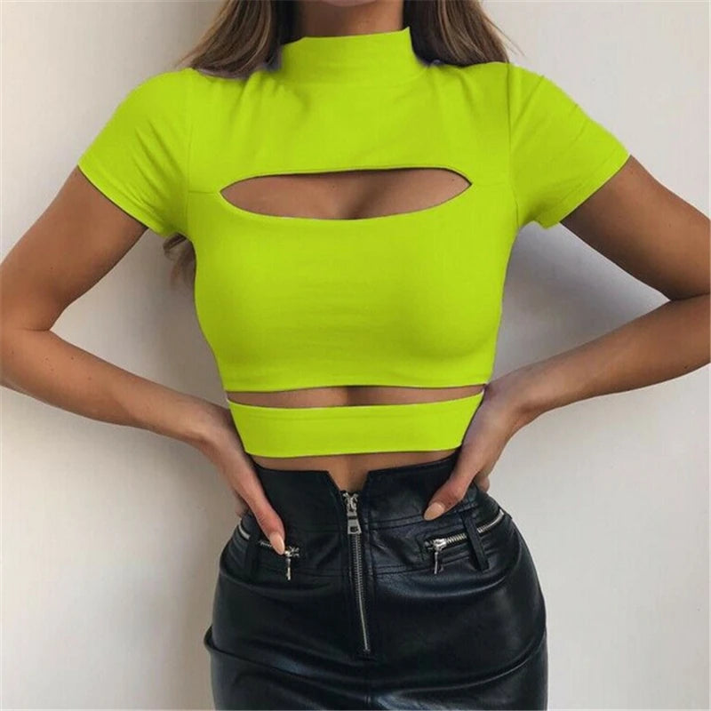 Fashion Female Casual Sexy Chest Hollow Out Crop Top Solid Sexy Women Slim Tops Tee Shirt