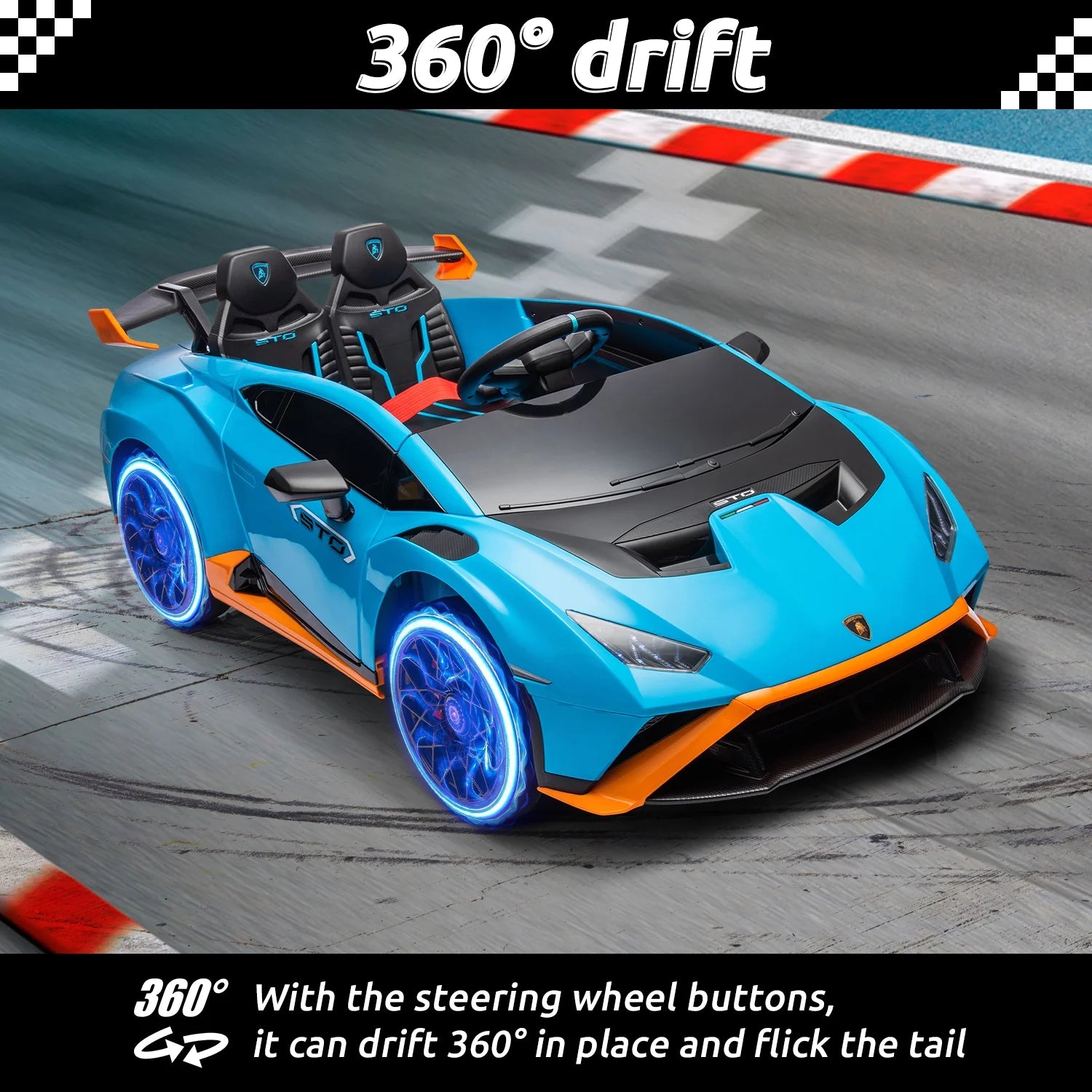 24V Kids Ride on Car, Licensed Lamborghini STO Electric Car for Boys Girls, 2-Seater Ride on Drift Car with Remote Control, Music, 360° Spin, Max Speed 6Mph, Grey