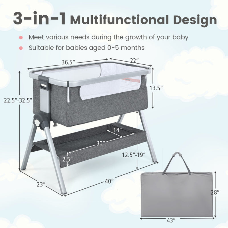 Baby Bedside Bassinet with Storage Basket and Wheels