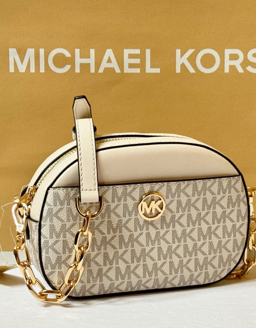 Load image into Gallery viewer, MICHAEL KORS JET SET GLAM SMALL FRONT POCKET OVAL CROSSBODY BAG MK LIGHT CREAM
