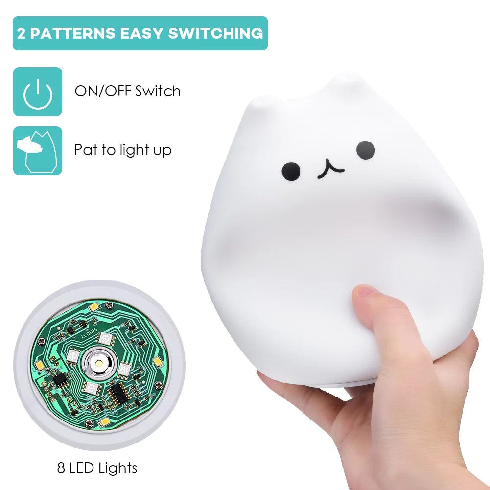 Children Night Light, Cute Cat Lamp Soft Silicone Sensitive Tap Control Decompression Toy