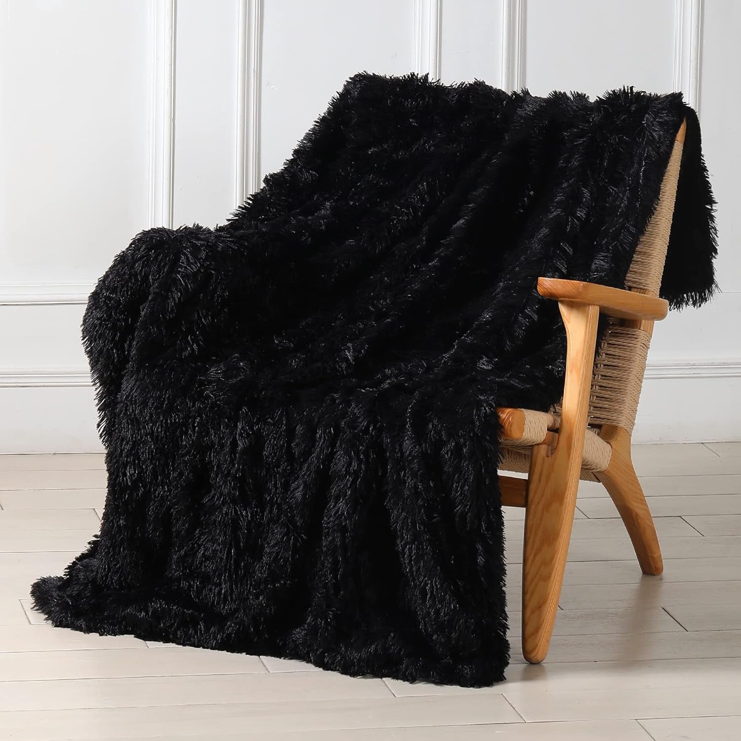 Decorative Extra Soft Faux Fur Throw Blanket 50" X 60",Reversible Fuzzy Lightweight Long Hair Shaggy Throw Blankets, Fluffy Cozy Plush Fleece Comfy Microfiber Fur Blanket for Couch Sofa Bed, Black