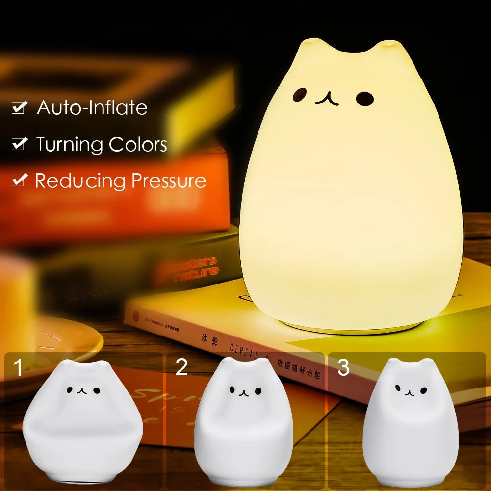 Children Night Light, Cute Cat Lamp Soft Silicone Sensitive Tap Control Decompression Toy